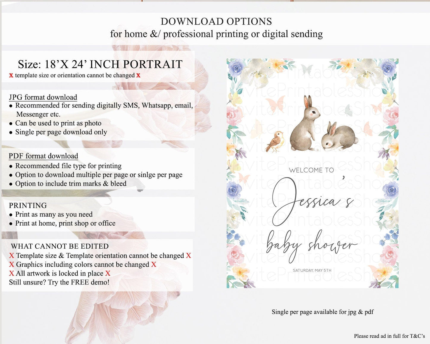 Bunny Baby Shower Welcome Sign Floral Bunny Welcome Board Pastel Flowers Woodland Bunny Welcome Poster Forest Bunny Welcome Sign D10928