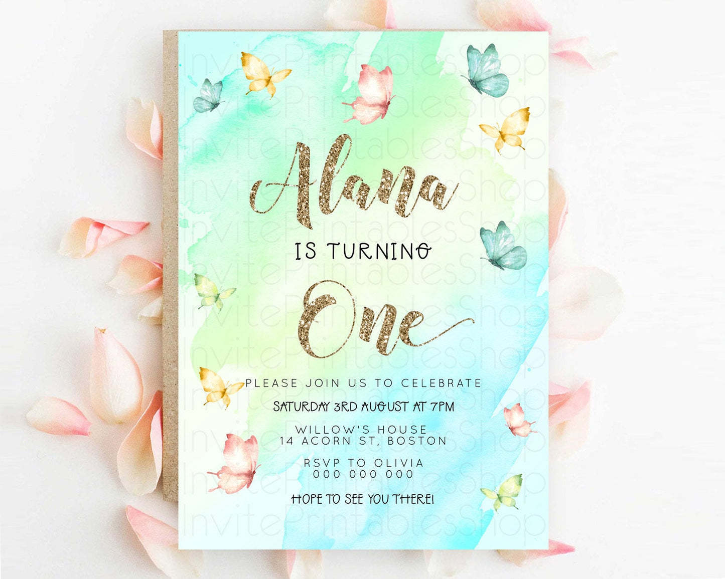 Pastel Butterfly Birthday Invitation Butterfly Birthday Invitation Colorful Splash Glitter Butterfly Garden 1st 2nd Birthday D23240