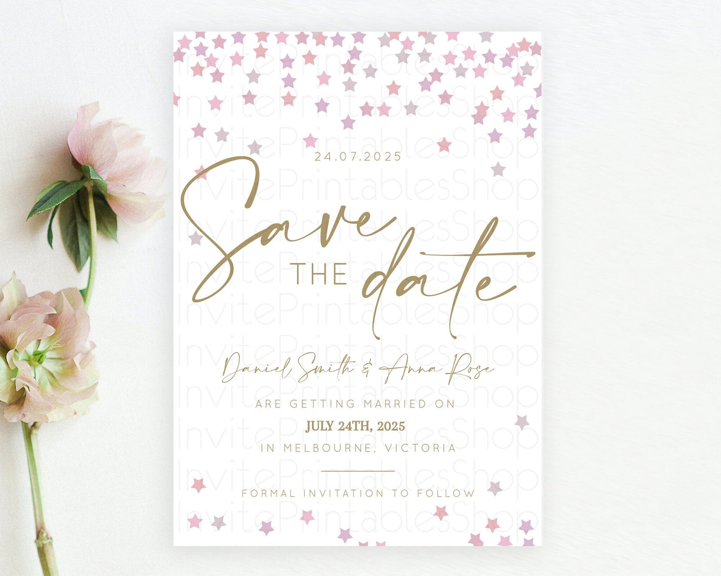 Twinkle Stars Save The Date Template Pastel Twinkle Little Star Party Shooting Star Confetti Sprinkles Birthday Baptism Baby Shower D10344