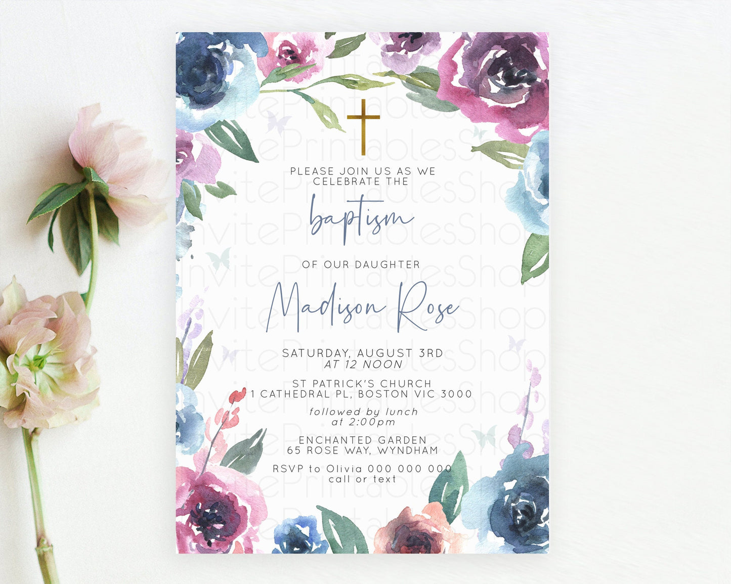 Secret Garden Baptism Invitation Wildflower Baptism Birthday Invite Pastel Flowers Christening Invite Enchanted Garden Boho Floral  D10780