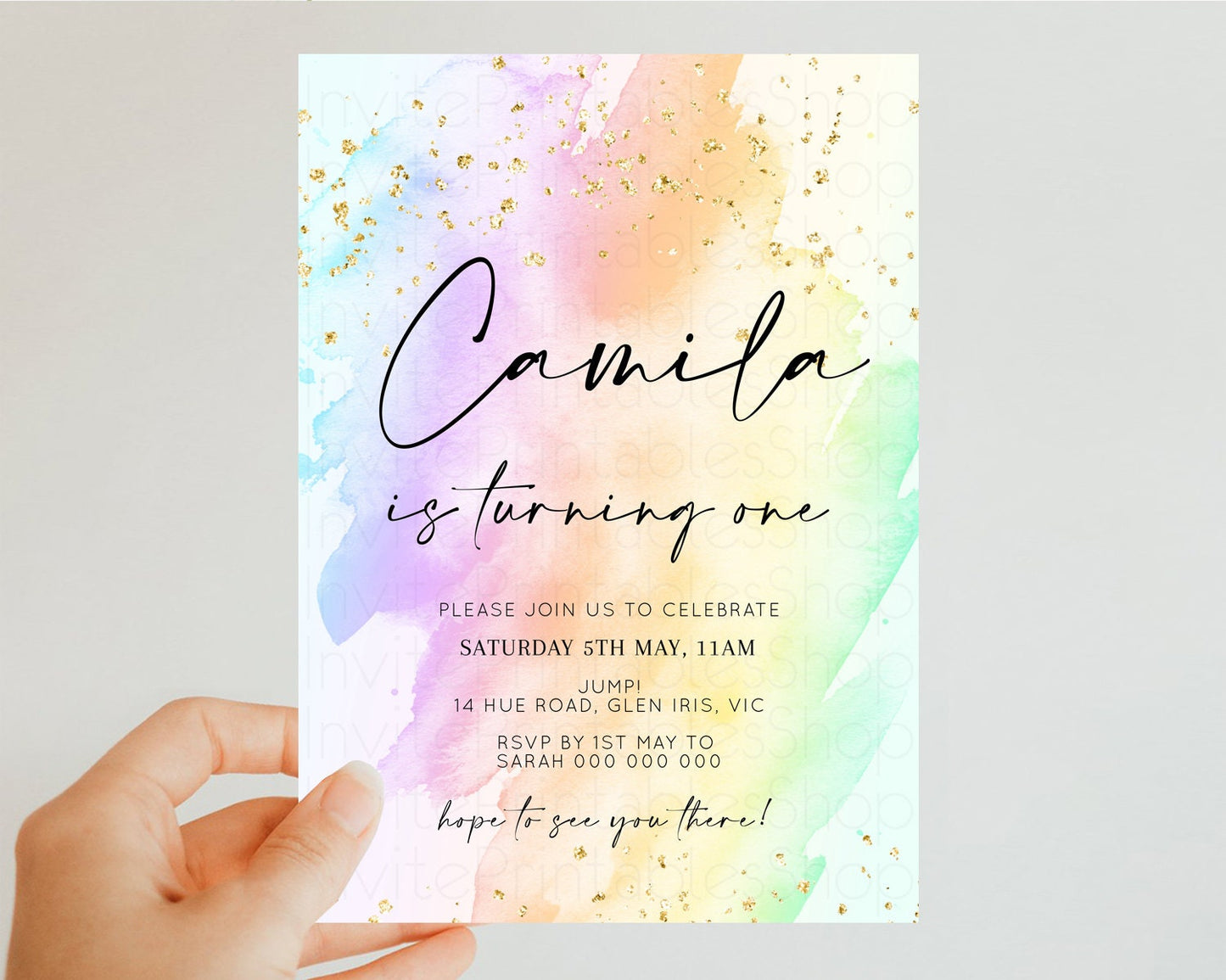 Rainbow Birthday Invitation Glitter Pastel Invitation Colorful Watercolor Gold Foil Splatter Sprinkle Ombre 1st 2nd 3rd Birthday Invite t602