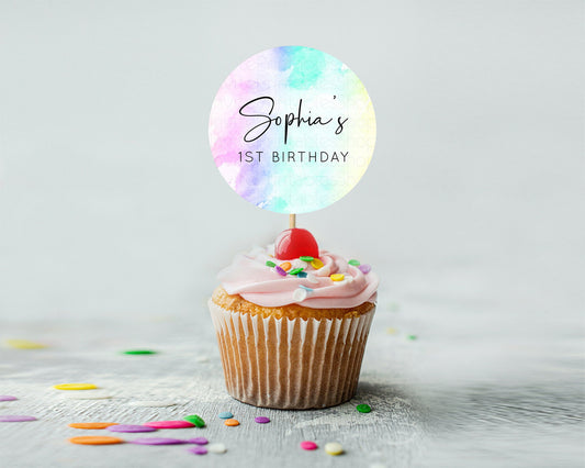 Editable Rainbow Cupcake Toppers Pastel Cupcake Toppers Colorful Pastel Wate