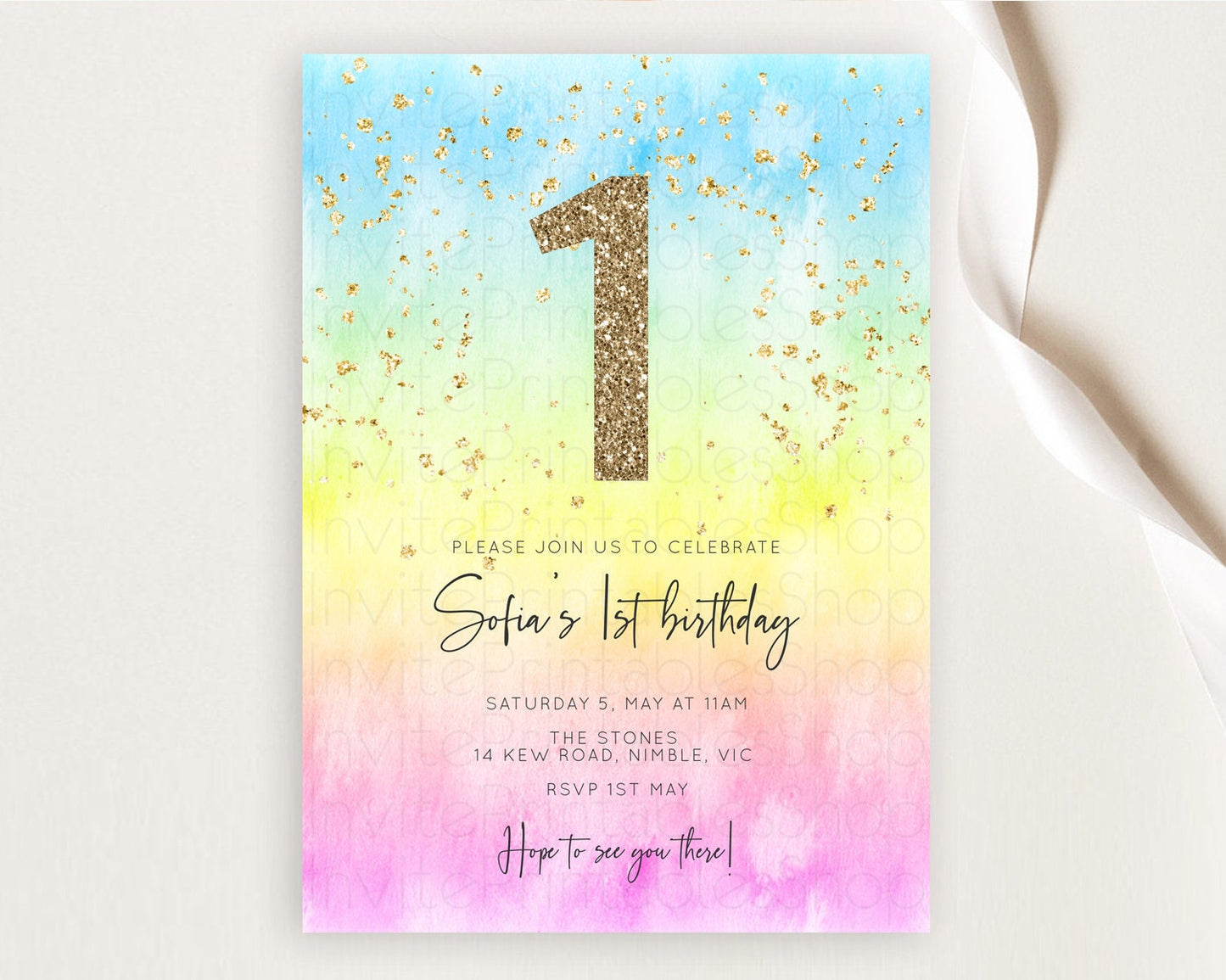 Rainbow Birthday Invitation Colorful Pastel Watercolor Invitation Gold Glitter Sprinkles Ombre Pastel 1st 2nd 3rd Birthday D10480