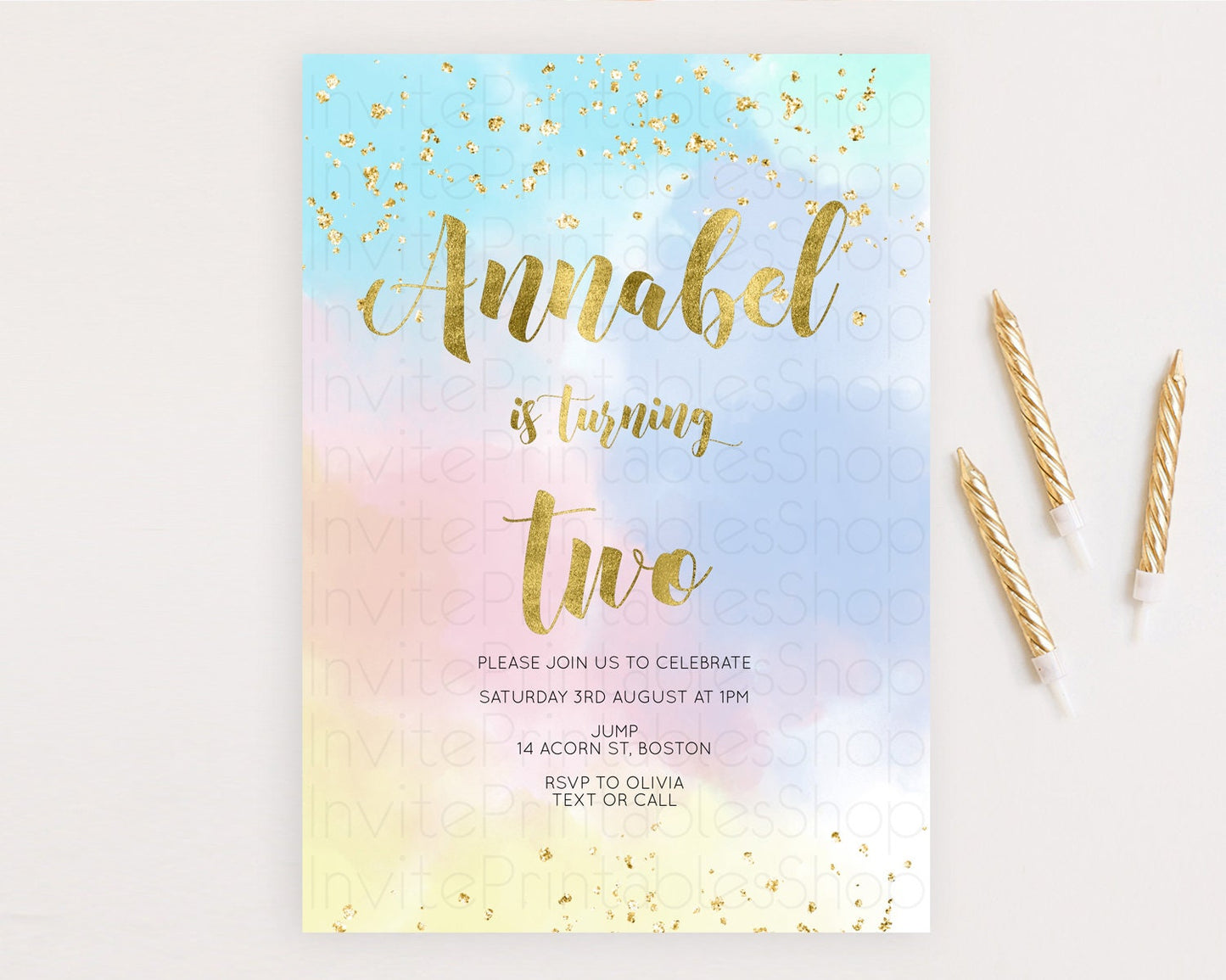 Rainbow Birthday Invitation Colorful Pastel Watercolor Invitation Gold Glitter Sprinkles Ombre Pastel 1st 2nd 3rd Birthday D10892