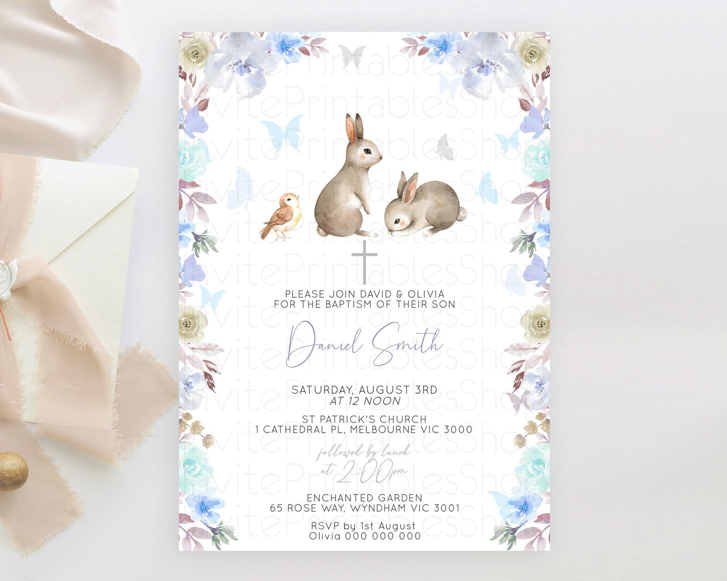 Bunny Baptism Invitation Floral Bunny Baptism 1st Birthday Invitation Pastel Bunny Christening Invite Watercolor Forest Bunny Party  D10927