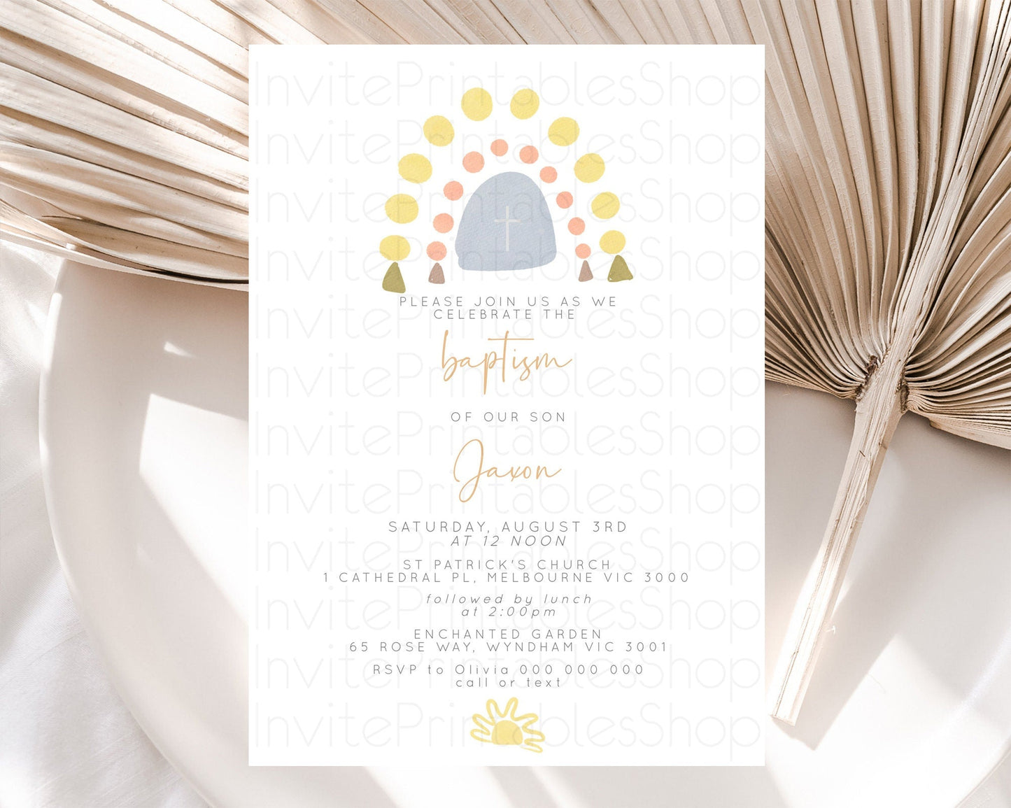 Pastel Rainbow Baptism Invitation Boho Rainbow Baptism 1st Birthday Invitation Rainbow Pastel Watercolor Christening Invitation D10688