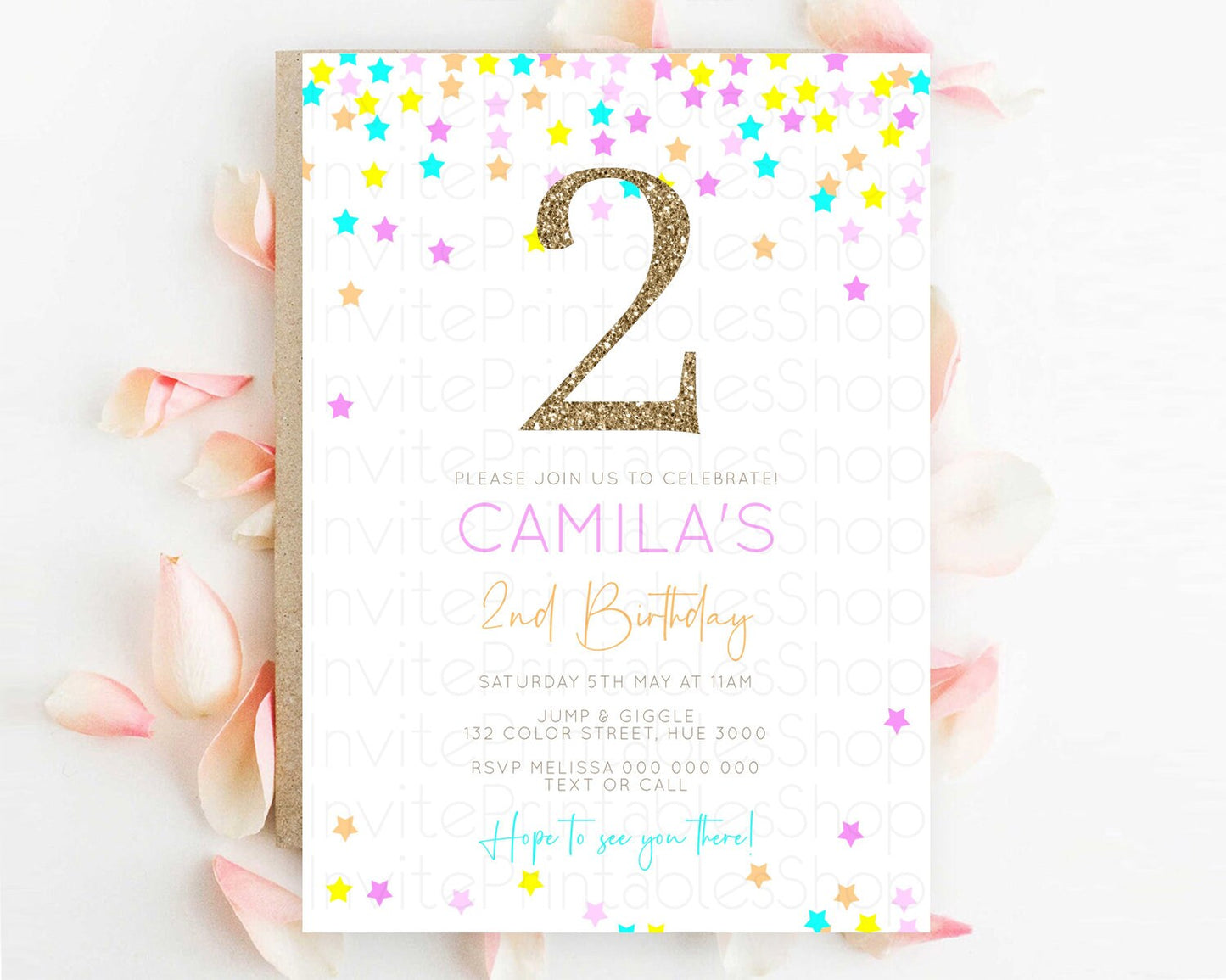 Star Birthday Invitation Pastel Stars Invite Shooting Star Party Rainbow Colorful Confetti Twinkle Little Star 2nd First Birthday D10397