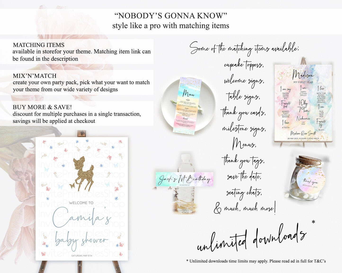 Fawn Baby Shower Welcome Sign Deer Welcome Board Floral Deer Welcome Poster Enchanted Forest Butterfly Pastel Floral Welcome Sign D10359