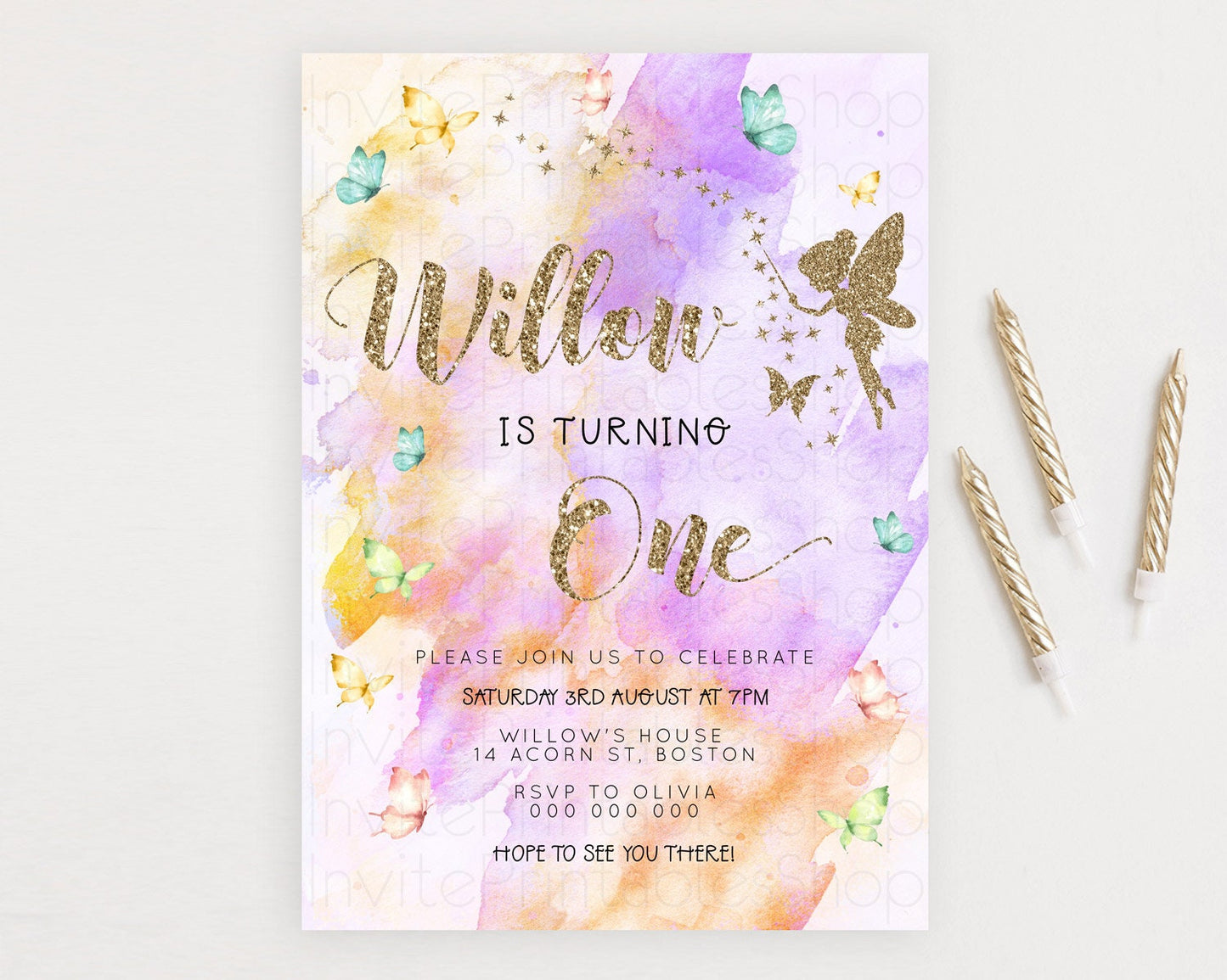 Pastel Fairy Birthday Invitation Pastel Butterflies Fairy Birthday Invitation Rainbow Ombre Watercolor 1st 2nd Birthday Invitation D23347