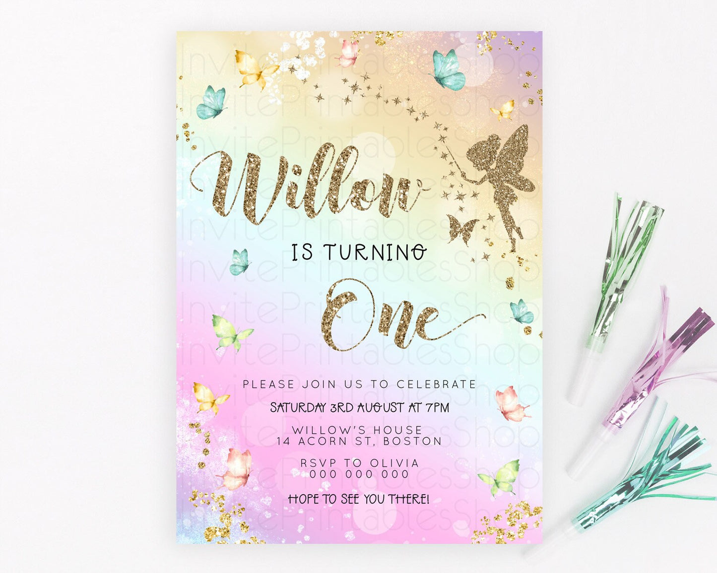 Pastel Fairy Birthday Invitation Pastel Butterflies Fairy Birthday Invitation Rainbow Ombre Watercolor 1st 2nd Birthday Invitation D23155