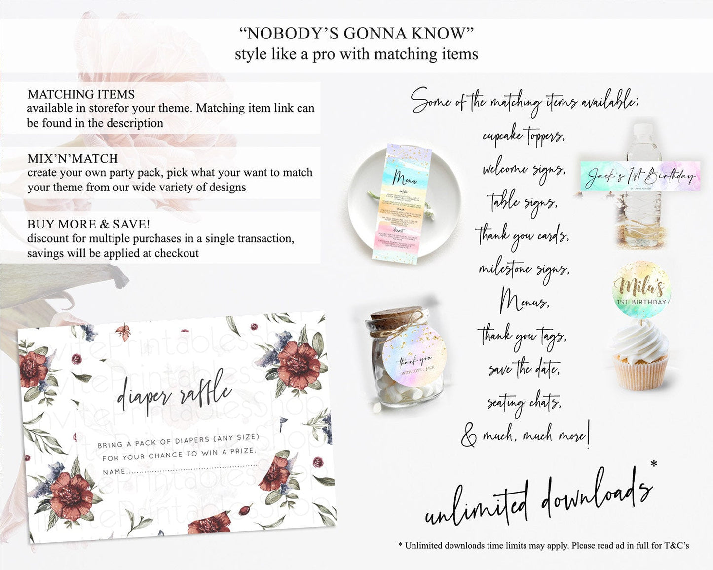 Secret Garden Diaper Raffle Card Boho Wildflower Diaper Raffle Insert Pastel Flower Garden Baby Shower Card Flower Raffle Game D10503