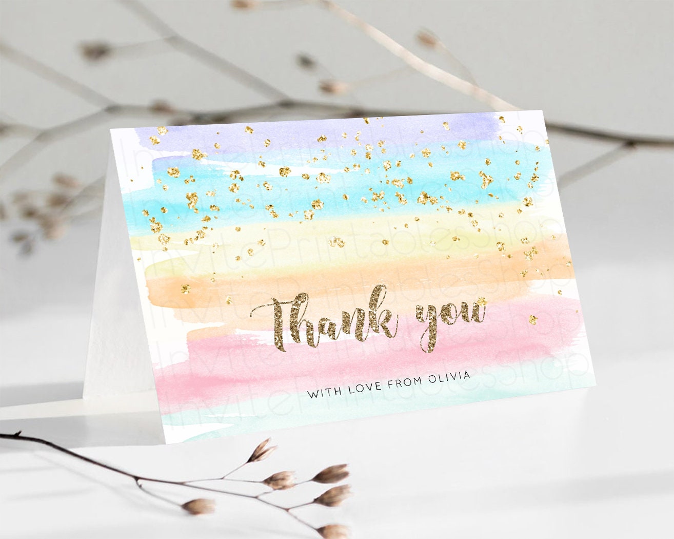 Pastel Rainbow Thank you Colorful Watercolor Folded Gift Cards Custom Note Message Glitter Birthday Engaged Baby Shower Wedding Guests 525