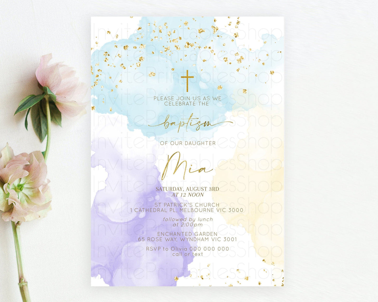 Pastel Baptism Invitation Pastel Colors Watercolor Baptism 1st Birthday Party Gold Ombre Pastel Rainbow Christening Holy Communion D10206