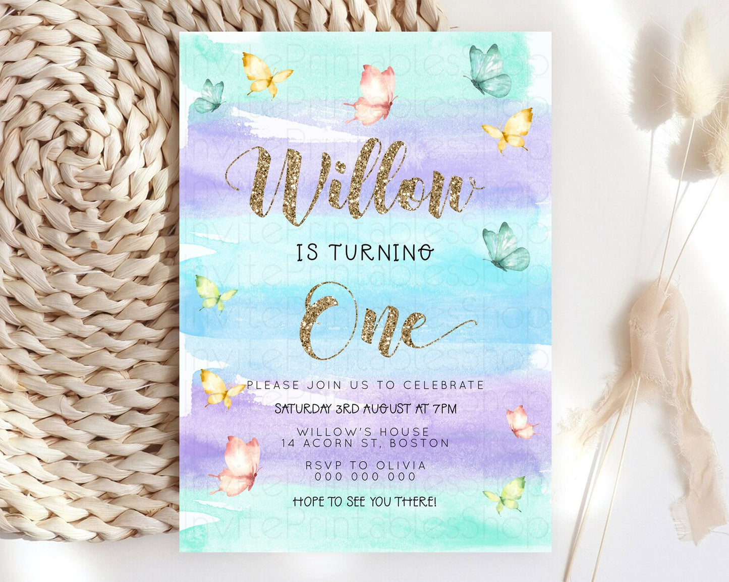 Pastel Butterfly Birthday Invitation Butterfly Birthday Invitation Colorful Splash Glitter Butterfly Garden 1st 2nd Birthday D23223