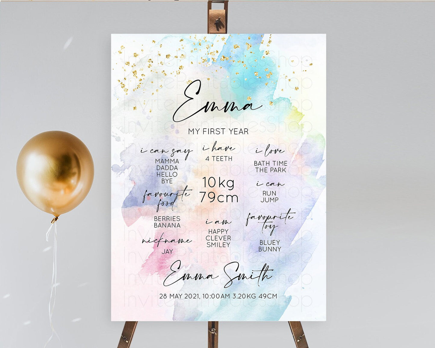 Pastel First Birthday Milestone Board Pastel Rainbow Milestone Poster Colorful Confetti Watercolor Glitter 1st Birthday Welcome Sign D10420