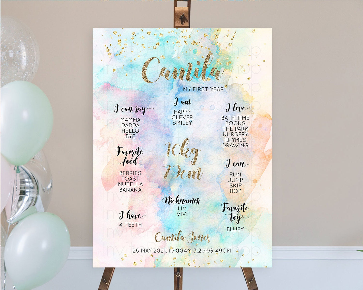 Pastel First Birthday Milestone Board Pastel Rainbow Milestone Poster Colorful Confetti Watercolor Glitter 1st Birthday Welcome Sign D10261