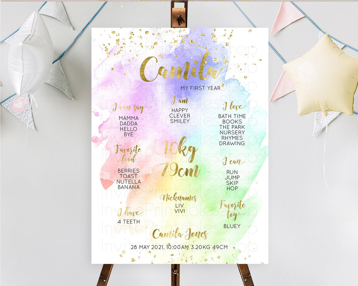 Pastel First Birthday Milestone Board Pastel Rainbow Milestone Poster Colorful Confetti Watercolor Glitter 1st Birthday Welcome Sign D10876