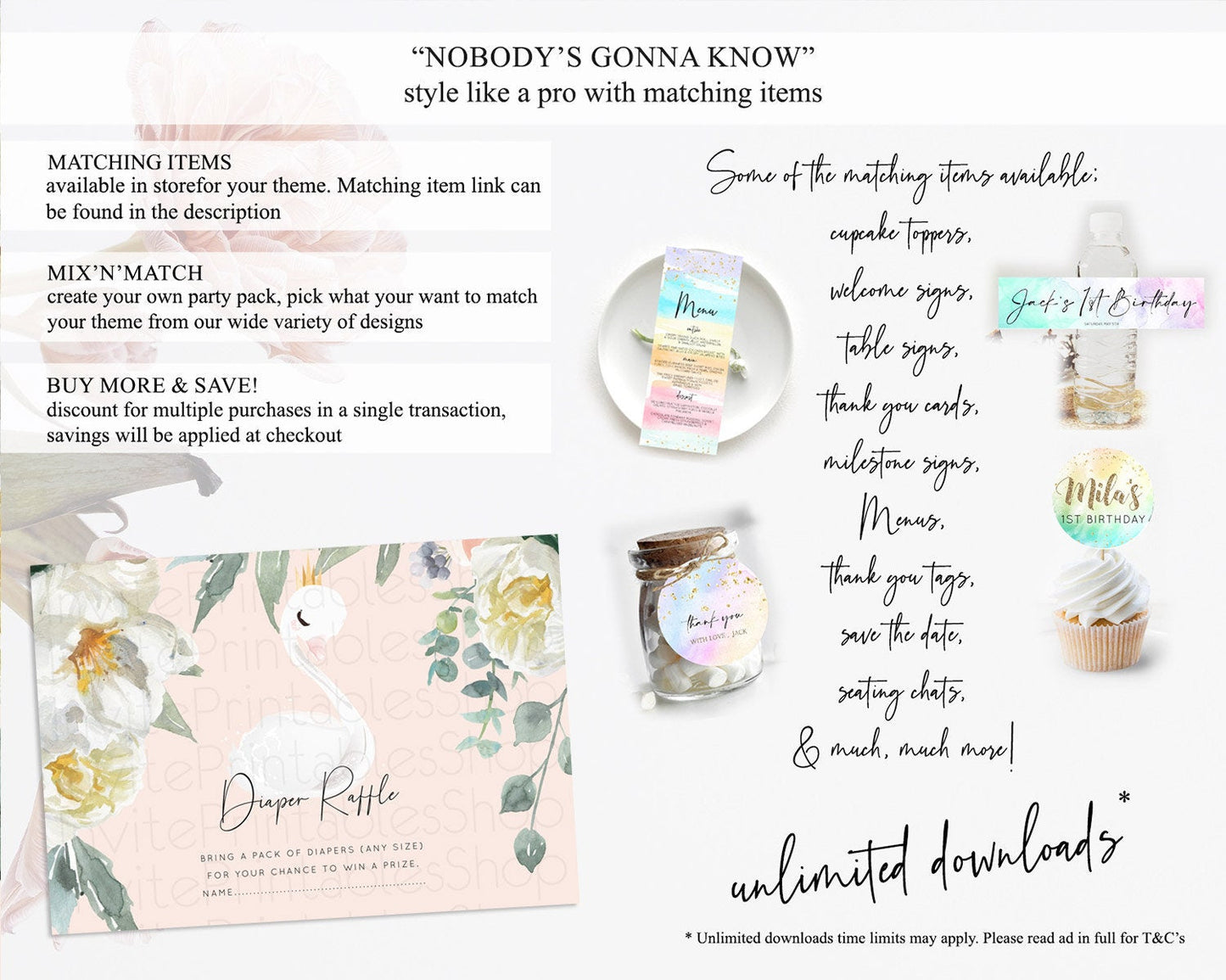 Swan Diaper Raffle Card Swan Princess Ballet Diaper Raffle Insert Enchanted Swan Lake Diaper Ticket Secret Garden Floral Raffle Game D10755