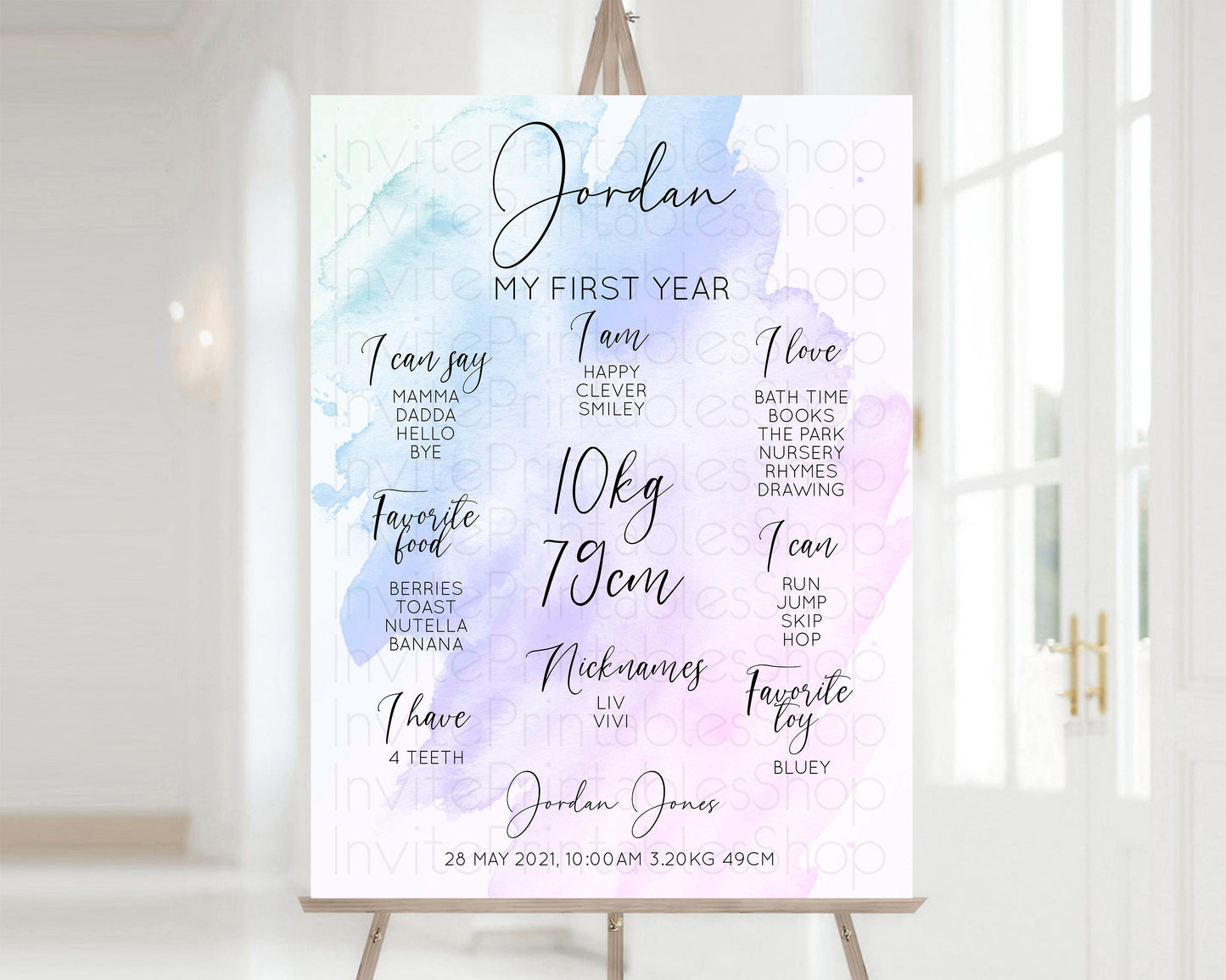 Pastel First Birthday Milestone Board Pastel Rainbow Milestone Poster Watercolor Glitter One Year Poster Colorful Splash Baby 1st Year