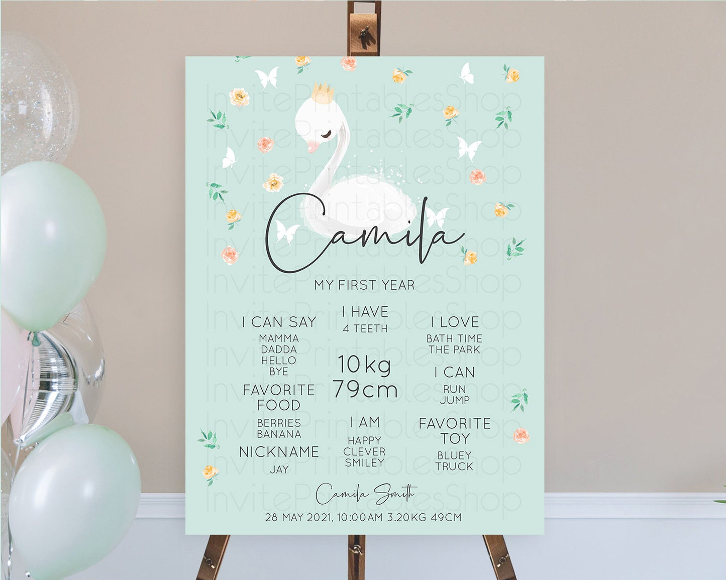 Swan First Birthday Milestone Poster Swan Princess Ballet Milestone Board Enchanted Forest Swan Lake Secret Garden Pastel Floral D10905