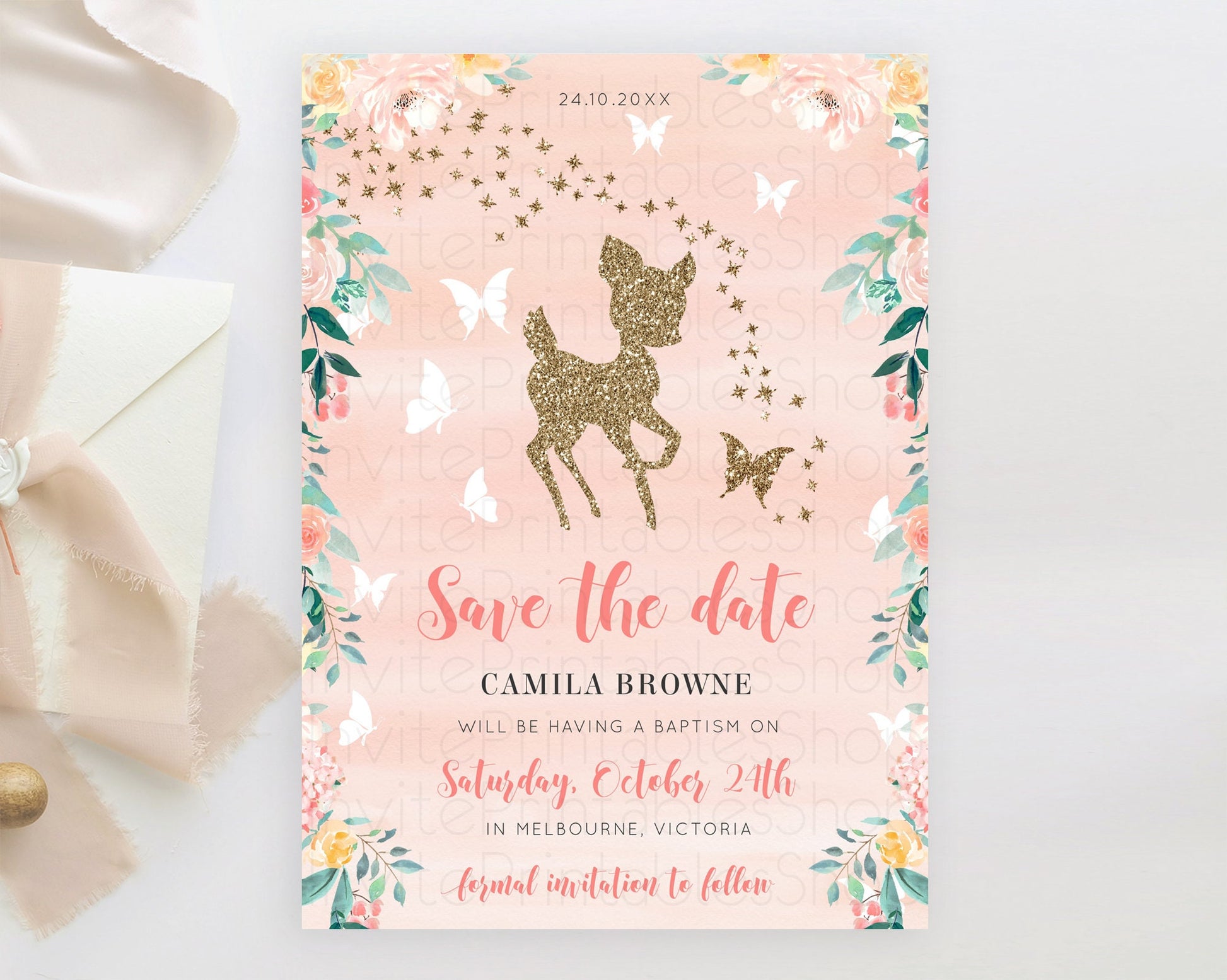 Editable Fawn Deer Save The Date Template Pastel Floral Deer Enchanted Fores
