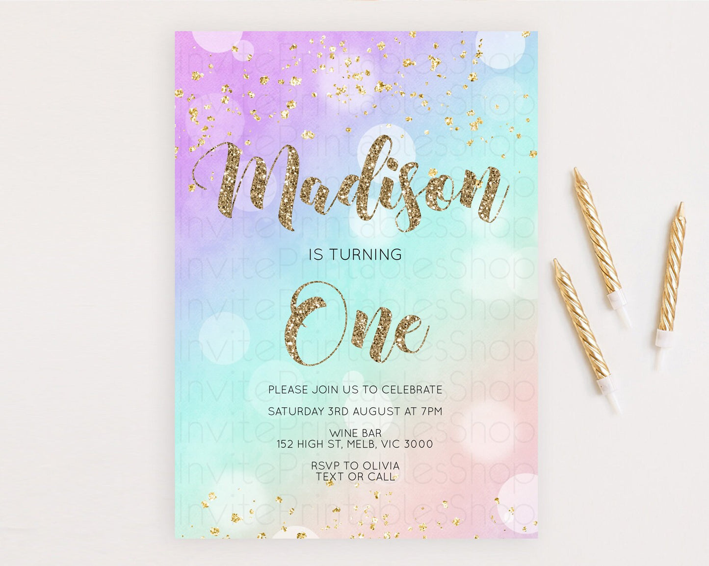 Rainbow Birthday Invitation Colorful Pastel Watercolor Invitation Gold Glitter Sprinkles Ombre Pastel 1st 2nd 3rd Birthday D10621
