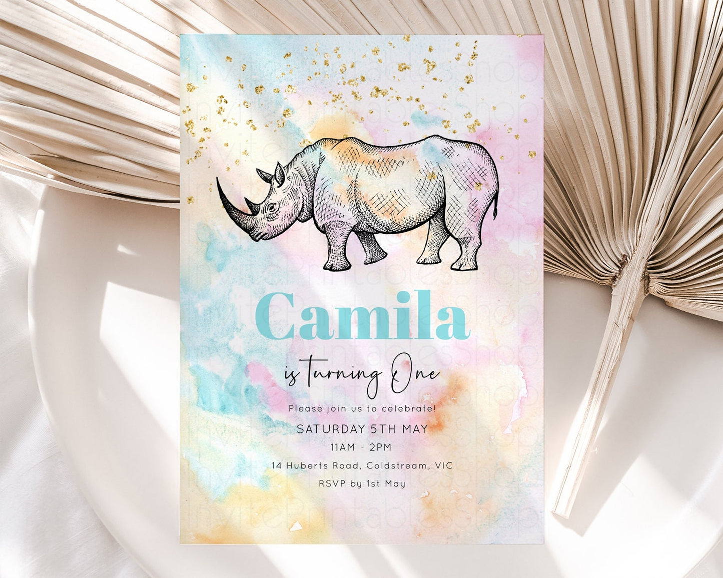 Pastel Rhinoceros Birthday Invitation Pastel Rhino Invite Rainbow Rhino Invitation Colorful Watercolor Invite Safari Zoo Glitter Invite W286