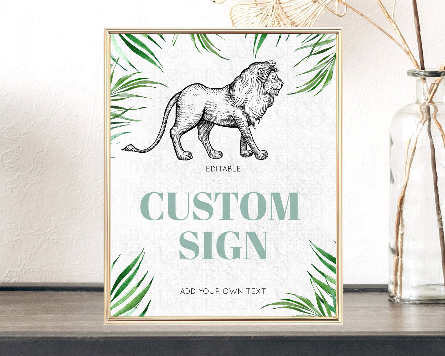 Lion Table Sign Decor Lion Safari Adventure Party Dried Palm Ferns Zoo 1st Birthday Baptism Baby Shower Bridal Shower Wedding D10845