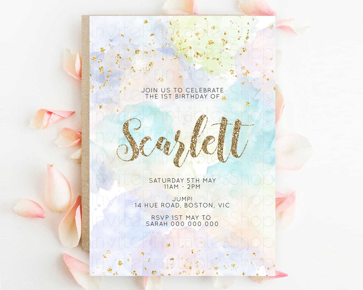 Rainbow Birthday Invitation Colorful Pastel Watercolor Invitation Gold Glitter Sprinkles Ombre Pastel 1st 2nd 3rd Birthday D10614