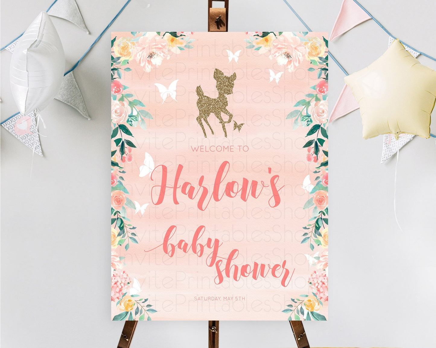 Fawn Baby Shower Welcome Sign Deer Welcome Board Floral Deer Welcome Poster Enchanted Forest Butterfly Pastel Floral Welcome Sign D10873