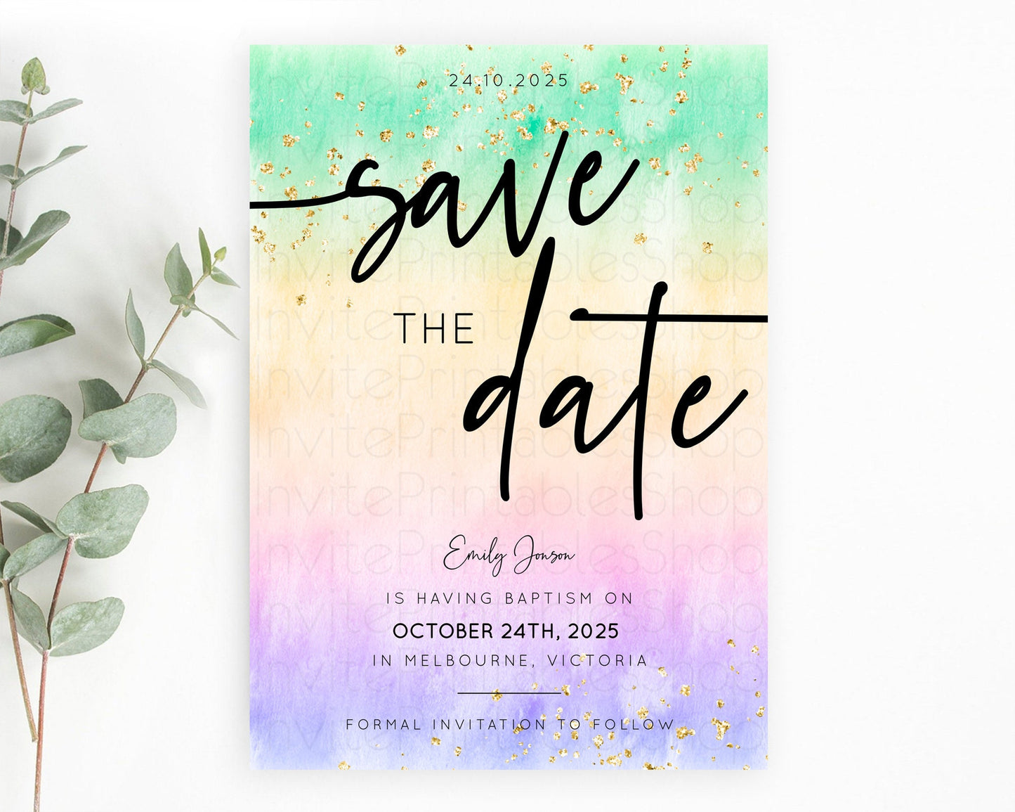 Pastel Save The Date Template Pastel Ombre Rainbow Watercolor Colorful Party For Birthday Baptism Baby Shower Wedding Bridal Shower D10485