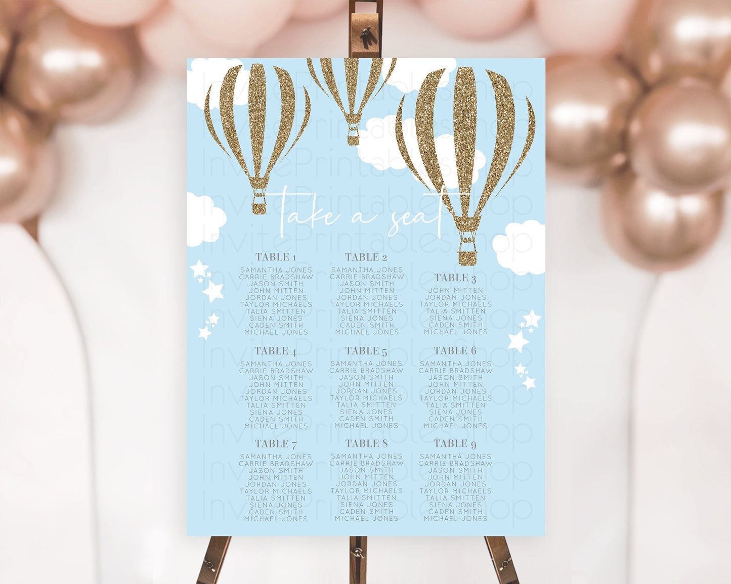 Hot Air Balloon Seating Chart Hot Air Balloon Seating Chart Adventure Awaits Up & Away Glitter Blue Watercolor Seating Take a Seat D10332