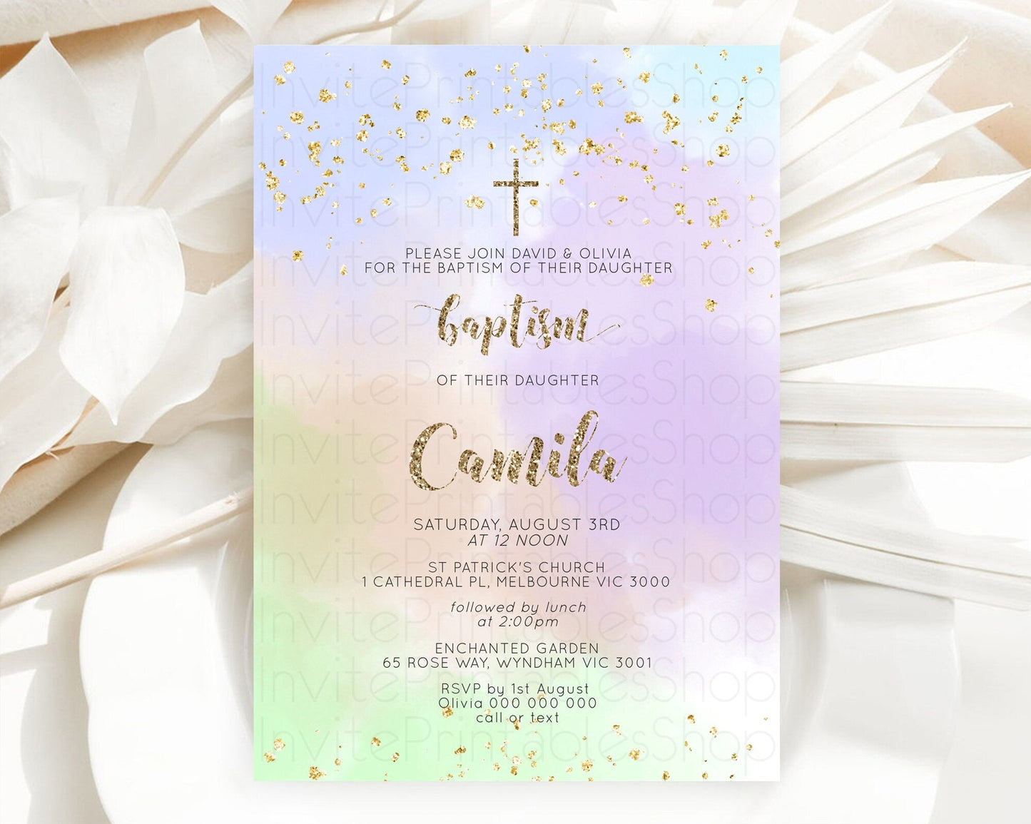 Pastel Baptism Invitation Pastel Colors Watercolor Baptism 1st Birthday Party Gold Ombre Pastel Rainbow Christening Holy Communion D10372
