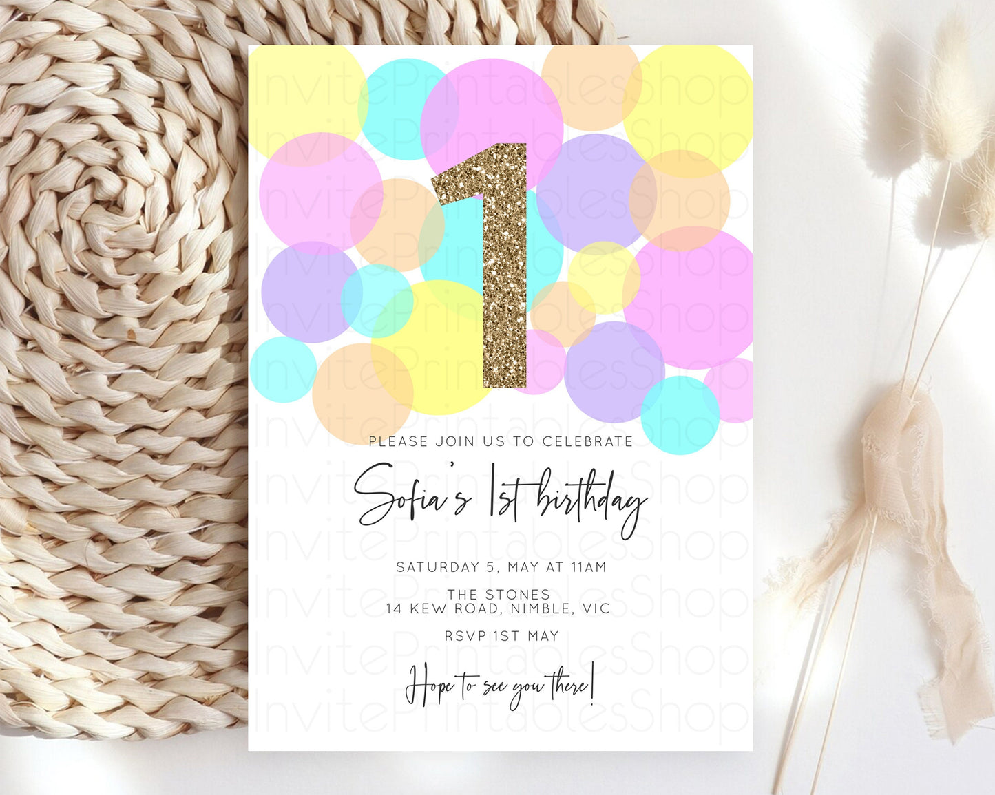 Bubbles Birthday Invitation Rainbow Confetti Invite Pastel Sprinkles Invite Pastel Colorful Art Fun Simple Birthday Invite 1st 2nd 3rd