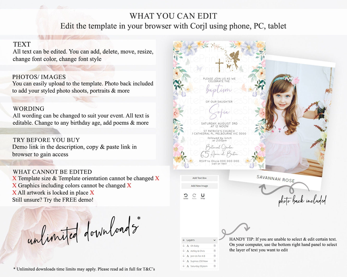 Fairy Baptism Invitation Fairy Baptism 1st Birthday Invitation Enchanted Secret Garden Christening Invite Pastel Floral Butterfly D10474