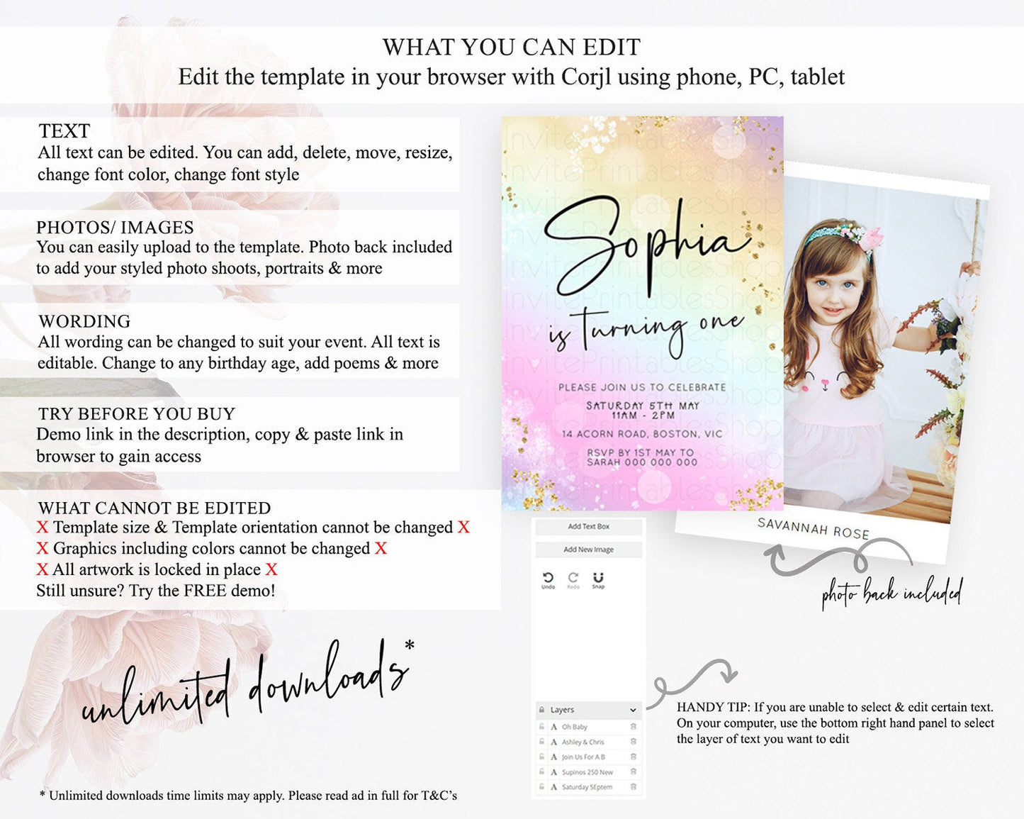 Pastel Birthday Invitation Ombre Watercolor Birthday Invitation Glitter Rainbow Color Splash 1st 2nd 3rd Birthday Invitation D23102
