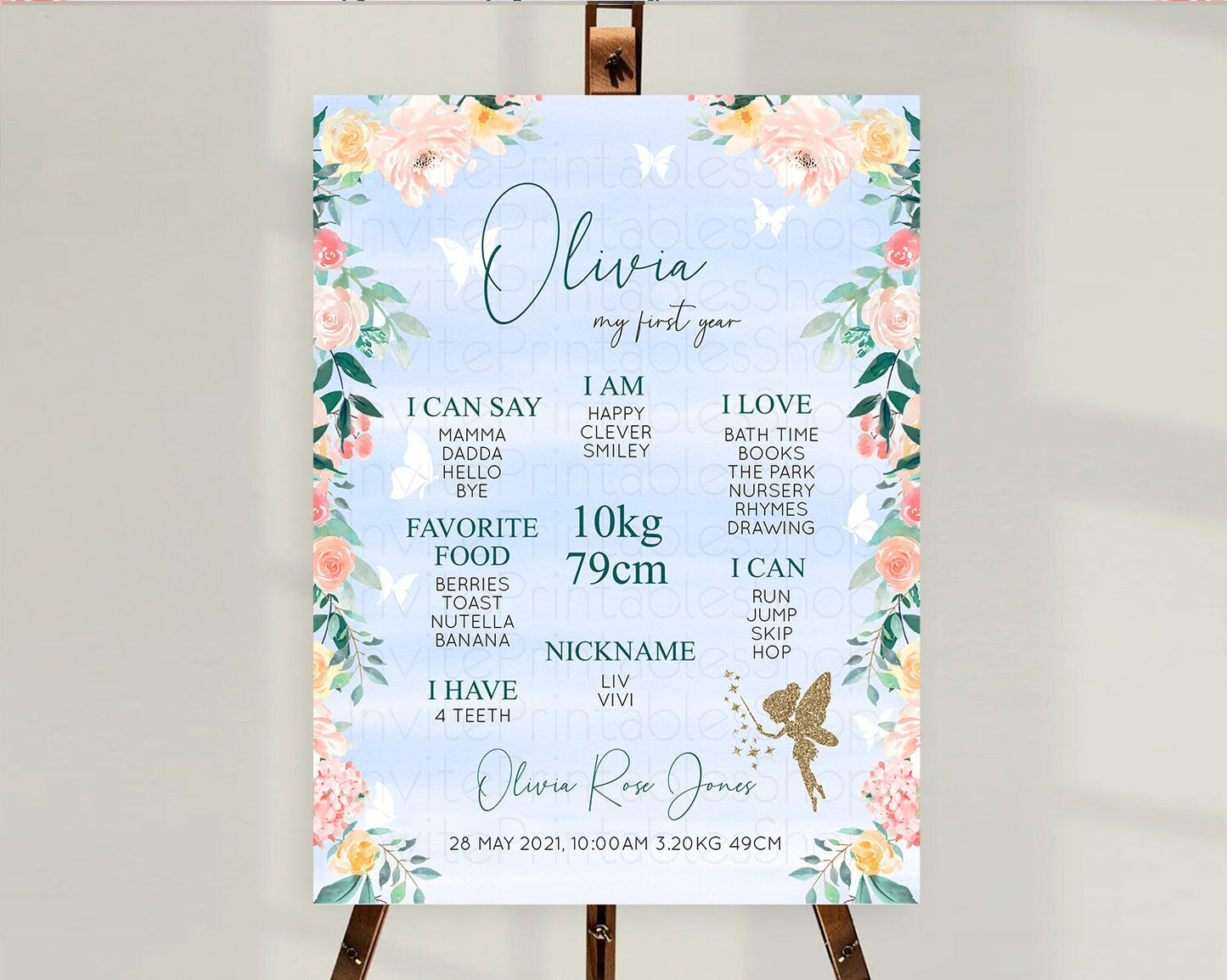 Fairy First Birthday Milestone Poster Fairy Secret Garden Milestone Board Enchanted Garden Pastel Floral Butterfly 1st Birthday Sign D10794