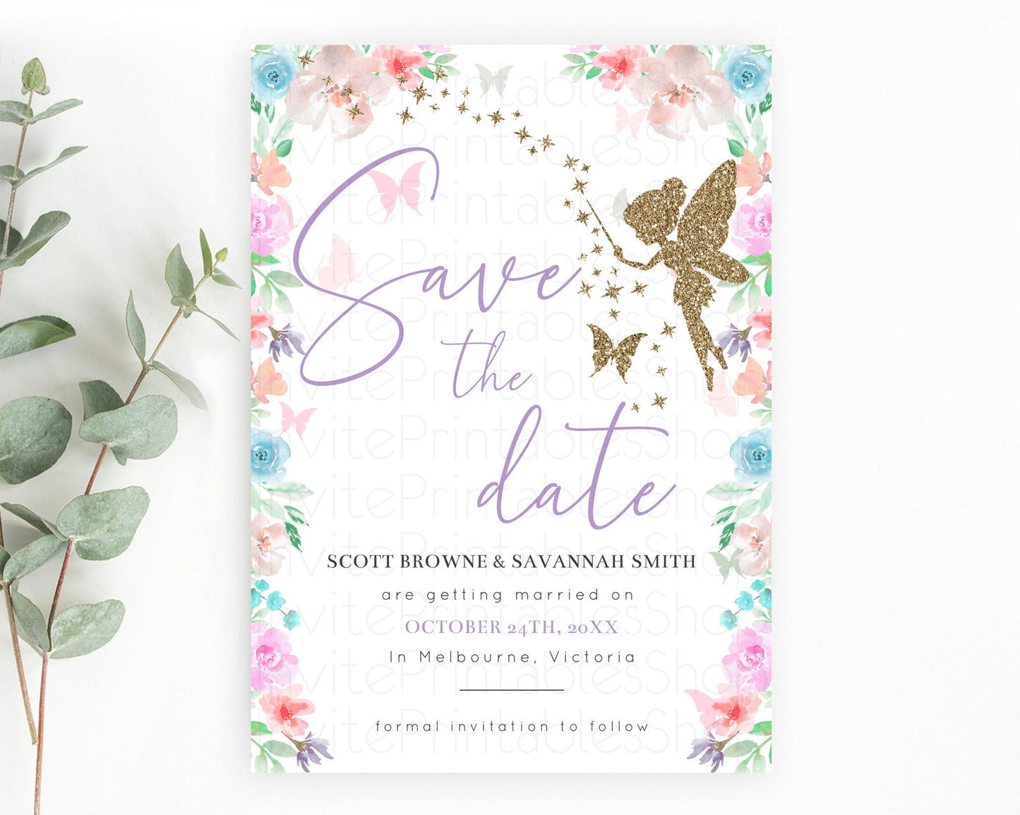 Fairy Save The Date Template Enchanted Garden Pastel Floral Butterfly Party Secret Garden Birthday Baptism Baby Shower Bridal Shower D10126