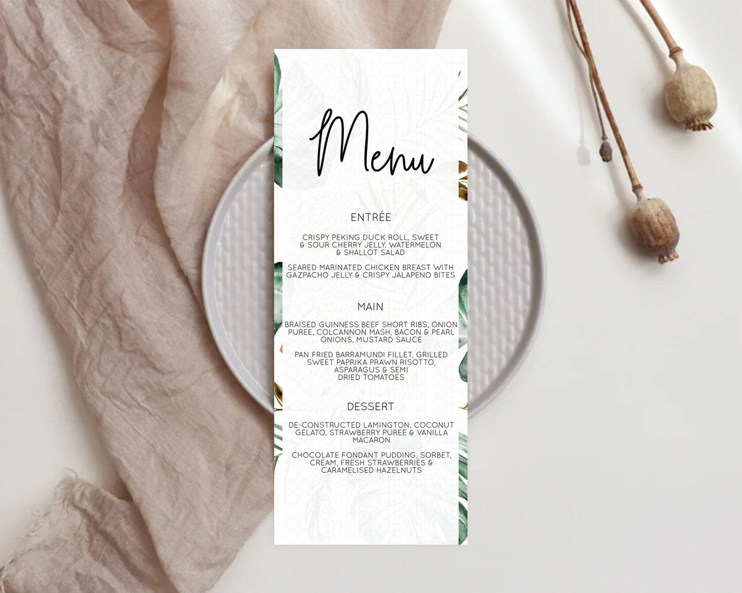 Tropical Menu Template Tropical Menu Palm Leaf Fern Table Decor Frangipani Floral White Orchid Dinner Dessert Menu Party Food Menu D11053