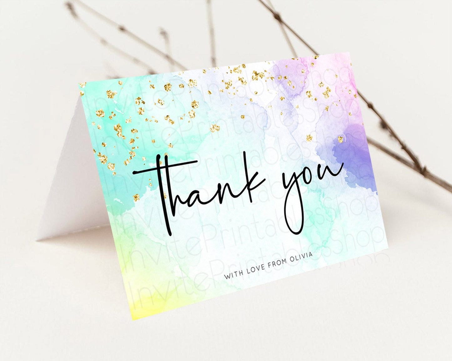 Pastel Thank You Rainbow Thank You Card Colorful Pastel Birthday Thank You Card Confetti Watercolor Pastel Teacher Thank You Cards D10158