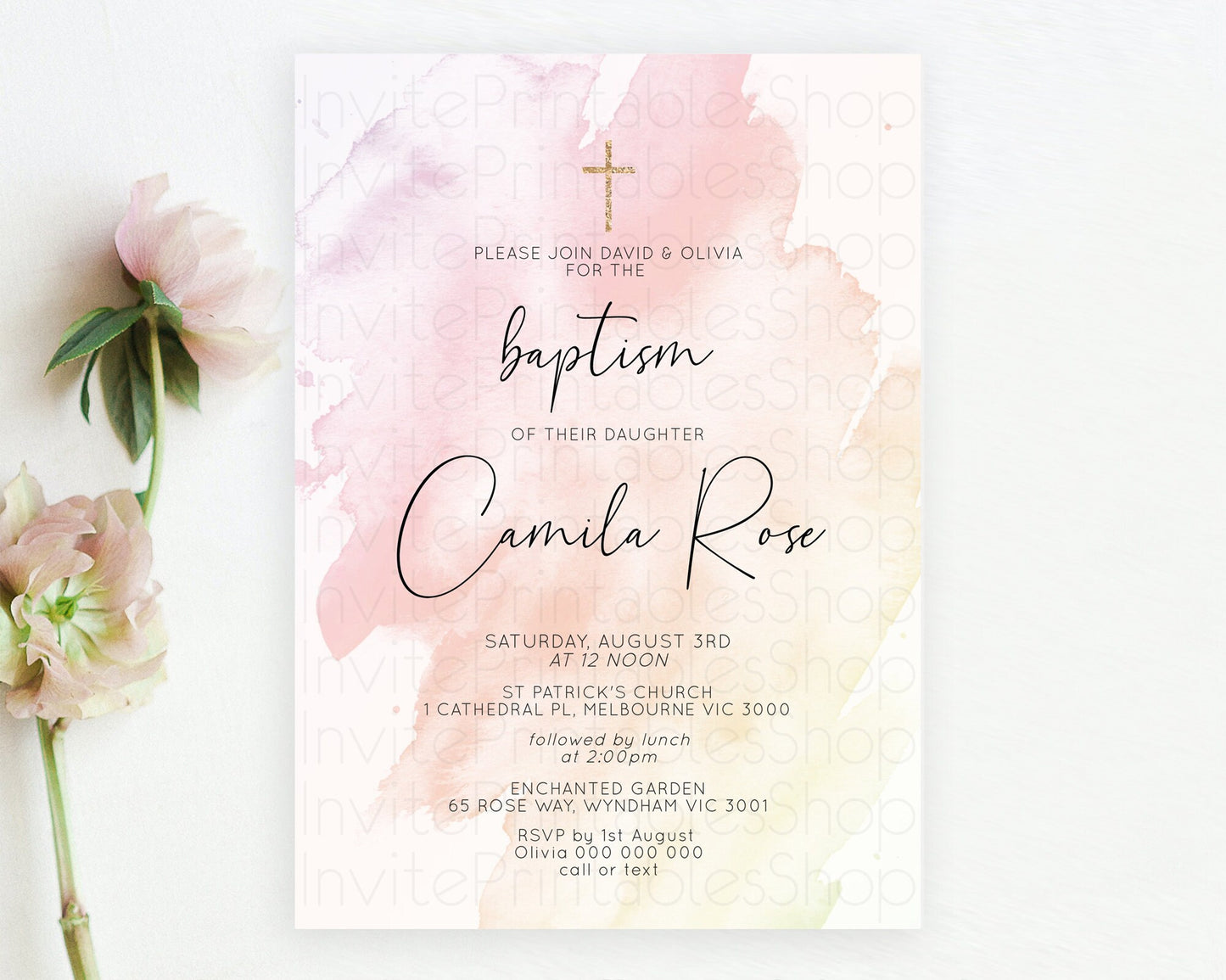 Editable Pink Baptism Invitation Pink Watercolor Baptism 1st Birthday Invita
