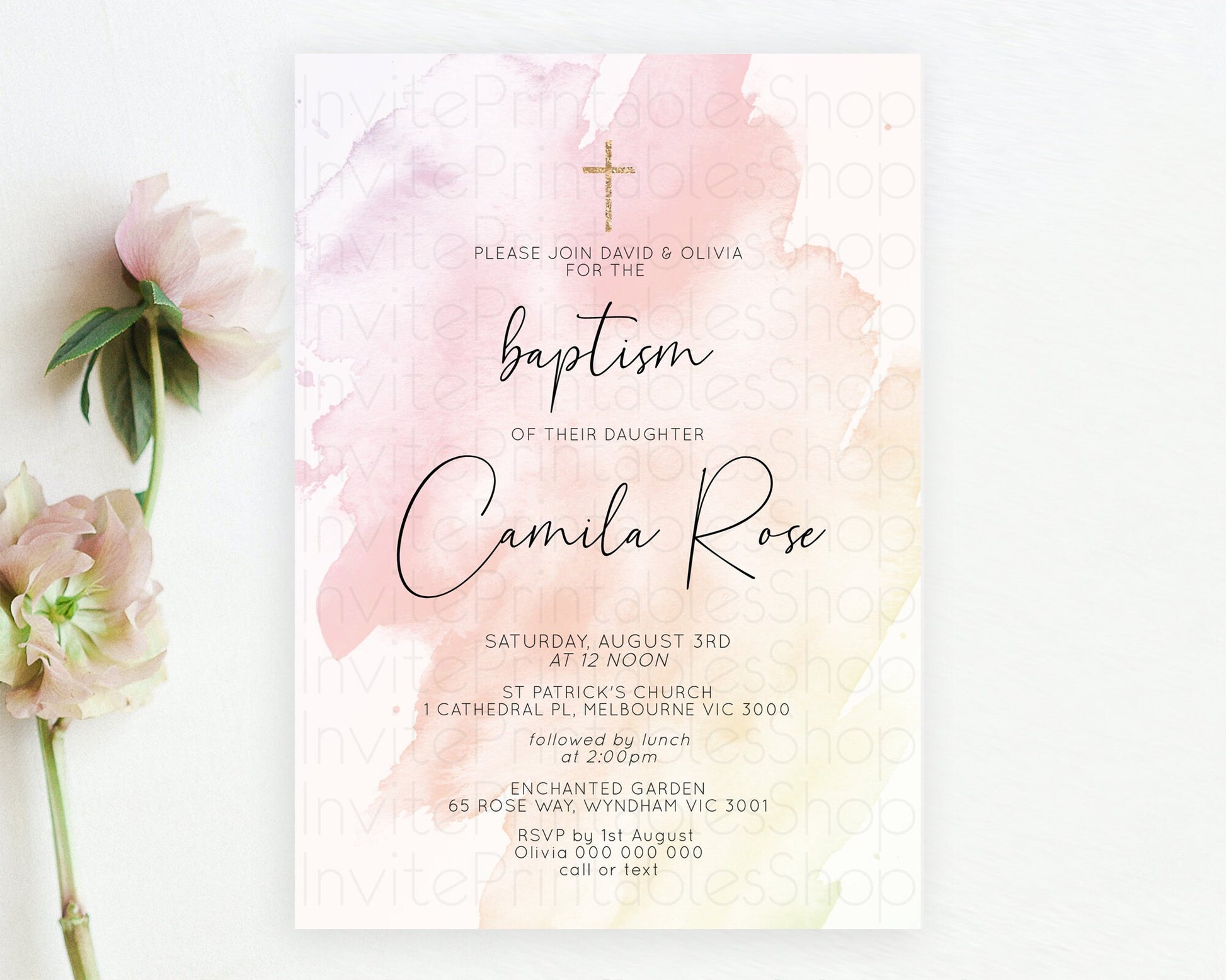 Editable Pink Baptism Invitation Pink Watercolor Baptism 1st Birthday Invita