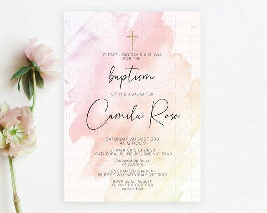 Editable Pink Baptism Invitation Pink Watercolor Baptism 1st Birthday Invita