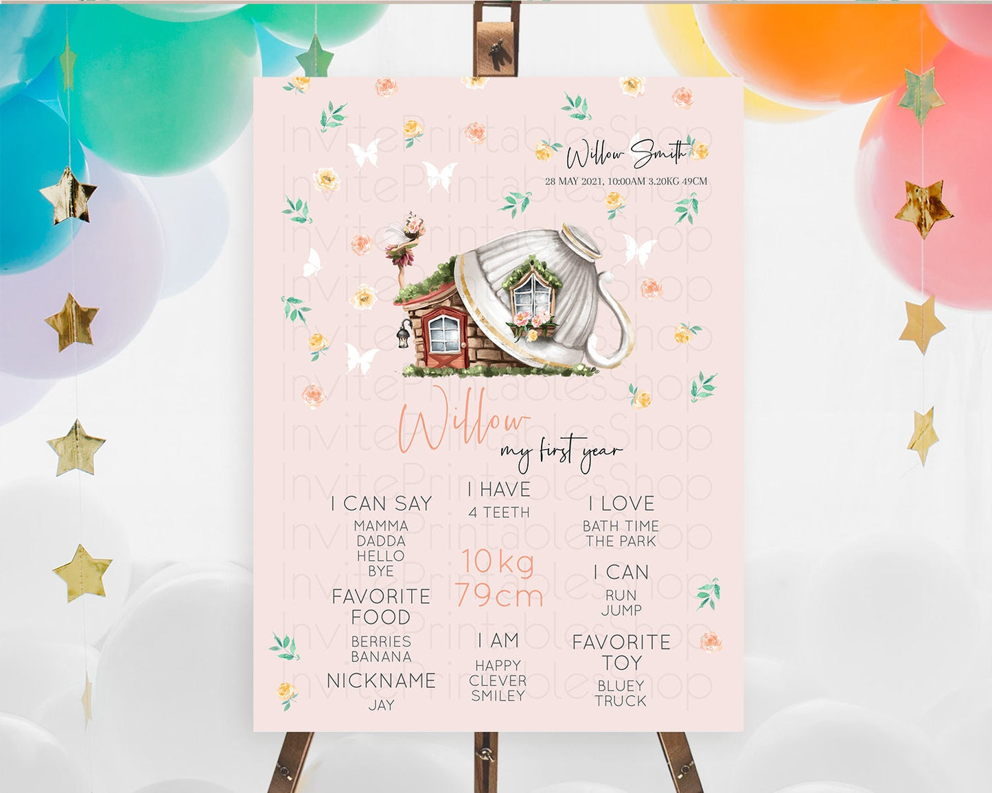 Fairy First Birthday Milestone Poster Fairy Secret Garden Milestone Board Enchanted Garden Pastel Floral Butterfly 1st Birthday Sign D10384