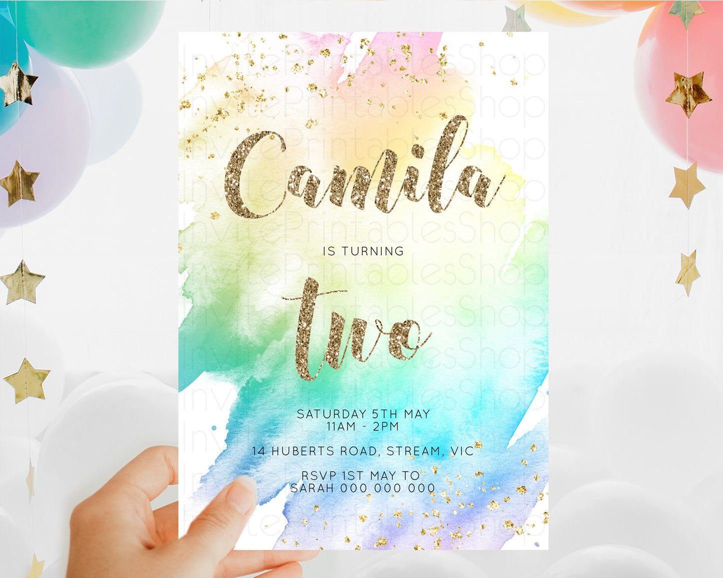 Rainbow Birthday Invitation Colorful Pastel Watercolor Invitation Gold Glitter Sprinkles Ombre Pastel 1st 2nd 3rd Birthday D10259