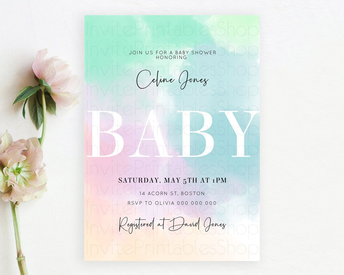 Editable Pastel Rainbow Baby Shower Invitation: Colorful Watercolor with Gol