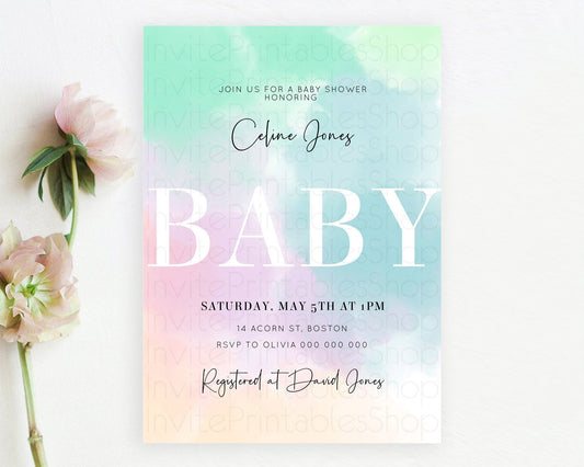 Editable Pastel Rainbow Baby Shower Invitation: Colorful Watercolor with Gol