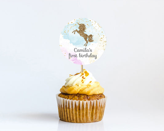 Editable Unicorn Rainbow Cupcake Topper Pastel Unicorn Decor Magical Unicron