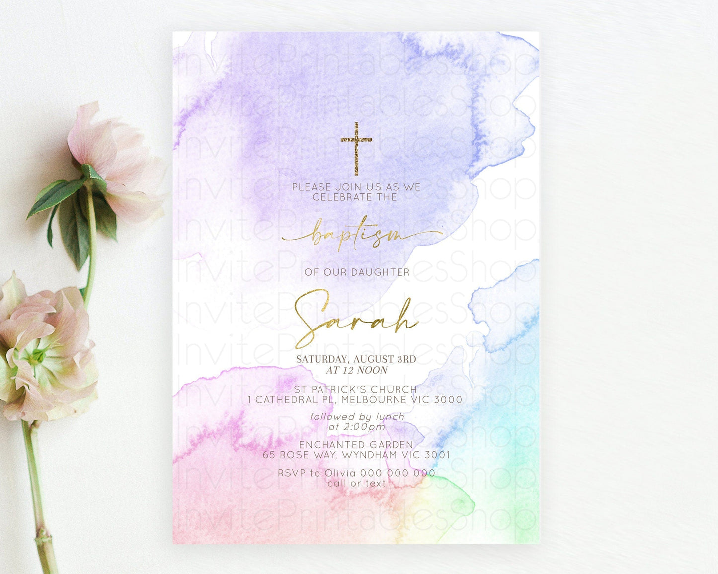 Pastel Baptism Invitation Pastel Colors Watercolor Baptism 1st Birthday Party Gold Ombre Pastel Rainbow Christening Holy Communion D10215
