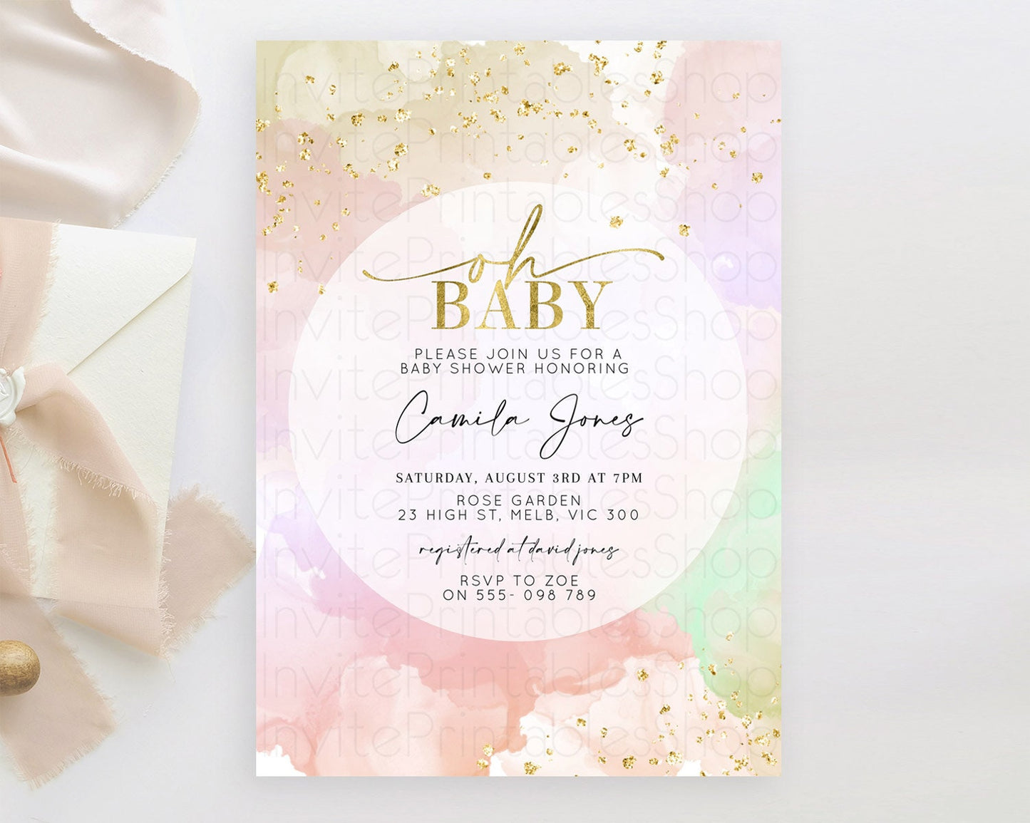 Pastel Rainbow Baby Shower Invitation, Colorful Watercolor with Gold Glitter Sprinkles and Ombre Clouds in Pink, Gold, and Green D10627
